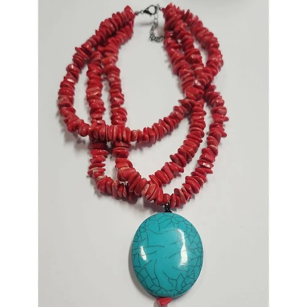 Red Beaded Necklace with Turquoise Color Pendant - Women Jewelry